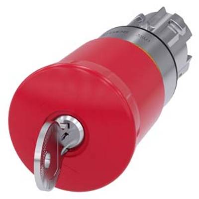 Red cylinder with inserted silver key. Mechanical component with metallic elements, ready for operation.