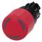 Red pushbutton with black housing; used in industry for machine control.