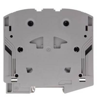 A grey plastic plate with multiple recesses and holes, possibly an electronic or mechanical component.