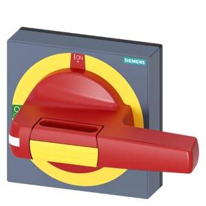 A red, rotary main switch with a yellow and grey base by Siemens, positioned to 'On'.
