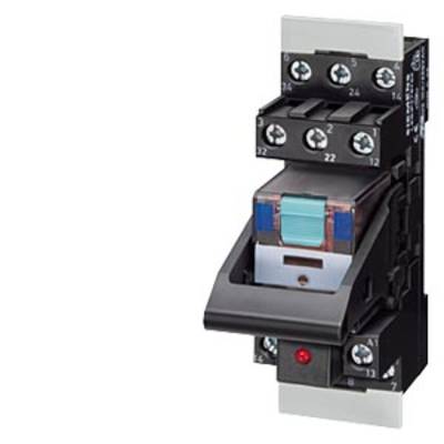 An electrical compact relay with screw terminals and a transparent cover, indicating switching states, mounted on a DIN rail.
