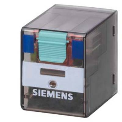 A rectangular Siemens relay with a transparent casing and green button for controlling electrical signals.