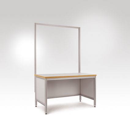 A rectangular table with a metal frame and wooden surface. A tall backboard is mounted at the rear of the table.