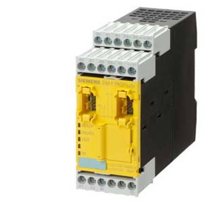 A yellow Siemens safety switching device with multiple connection terminals. Used in automation technology for safety switching.