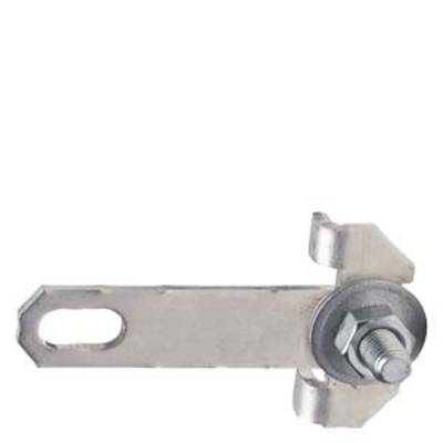 Metal connector with a rectangular, flattened plate on the left and screw fastening on the right, used for connecting components.