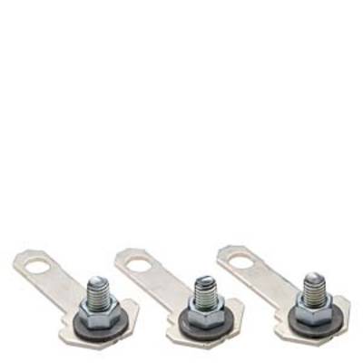Three metal straps with bolts and nuts, evenly arranged side by side, against a white background.