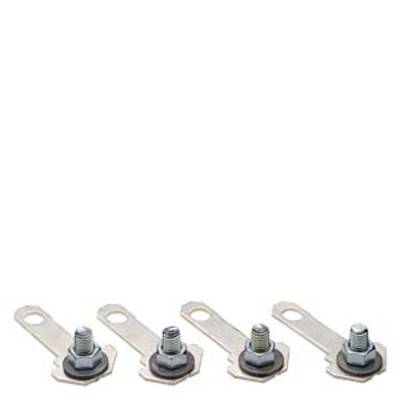 Four metal mounting brackets with screws and nuts arranged in a row on a white background. They are used for securing objects.