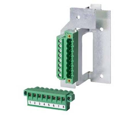 Metal mounting bracket with a green 8-pin connector block. The block is shown separately and also within the mounting bracket.
