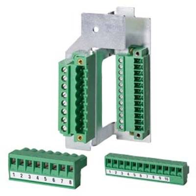 Green, numbered plug-in terminal holders and connection blocks for electrical wiring with metal fastening.