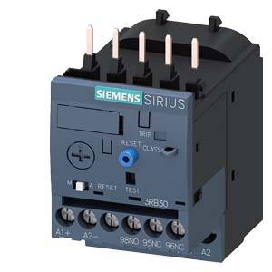 'Siemens SIRIUS contactor module' with five connection terminals and operating button, used for electrical control and protective circuits.