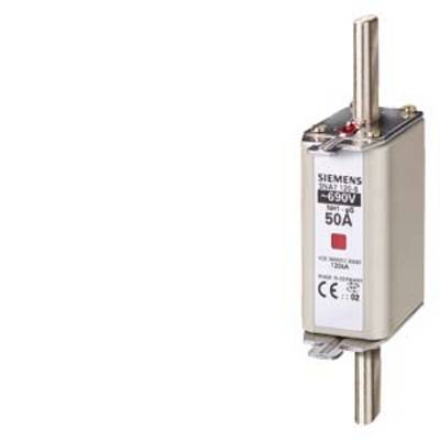A Siemens NH fuse element for 690V, 50A. Rectangular housing with connection contacts at the top and bottom, suitable for high voltages.