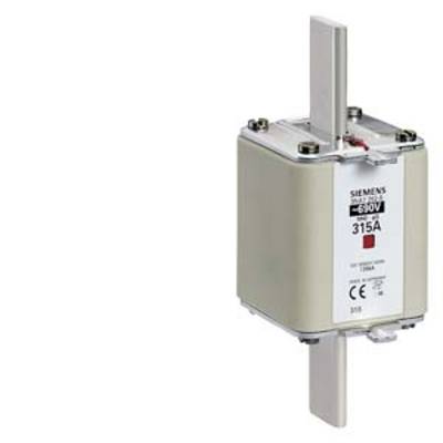 Electrical device by Siemens, model 3NE1 NH fuse with 315A, voltage up to 500V. Rectangular, silver structure with two metal connections.