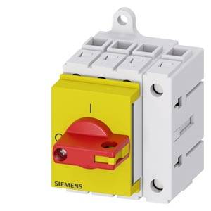A yellow Siemens load disconnector with a red rotary handle. Switch indicates '0' (off). Wall-mounted, suitable for industrial applications.