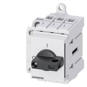 Siemens switch, white, with a black rotary handle, suitable for installation in electrical systems; three connection openings visible.