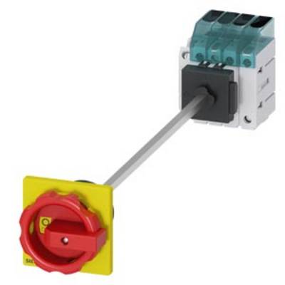 Pictured is a switch with a red rotary knob on a yellow base, connected to an electrical module with three terminal blocks.