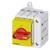 A Siemens electrical main switch, coloured yellow and red, shows the 'On' position and is intended for industrial electrical fuses.