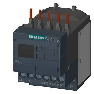 Drawing of a Siemens SIRIUS contactor with connections at the top and terminals at the bottom. Model number 3RR22 clearly visible.
