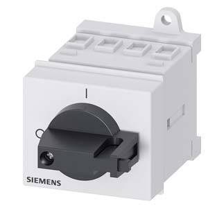 A square, white electrical switch by Siemens with a black rotary handle, suitable for industrial applications.