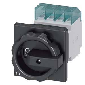 An electrical rotary switch with multiple terminals; black housing, rotary control indicating '0', four upper plug contacts with blue cover.