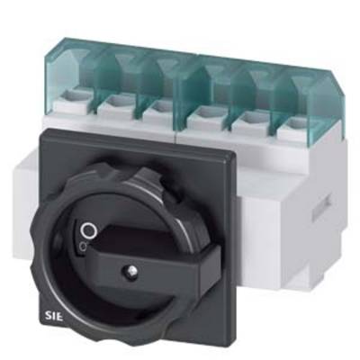 An electrical switch with a rotatable black handle and multiple terminal connections on the top surface.