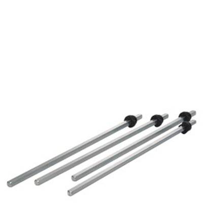Four grey, rectangular metal bars with black, round handles at one end. They are arranged parallel to one another.