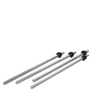Four silver steel rods with black plastic caps, lying side by side, on a white background.