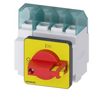 A red, rotary switch lever on a yellow background on a Siemens electrical switching device, indicating '1' for 'On'.