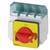 A red, rotary switch lever on a yellow background on a Siemens electrical switching device, indicating '1' for 'On'.