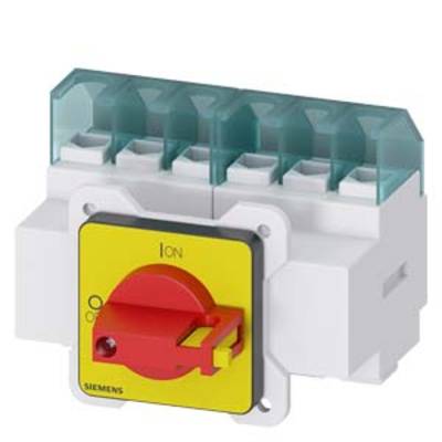 Industrial switch by Siemens, red and yellow, showing 'ON', with transparent plastic cover, suitable for electrical controls.