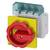 Switch with a red rotary knob and yellow base, used for controlling or switching off electrical devices.