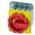 A red safety switch with a yellow base and four terminal connections. It is used for controlling and isolating electrical devices.