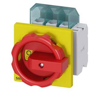 A red emergency stop switch with a yellow background and three green connection terminals.