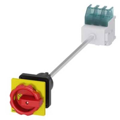 A red emergency stop switch with a yellow background, mounted on a white housing, used for safety shut-offs.