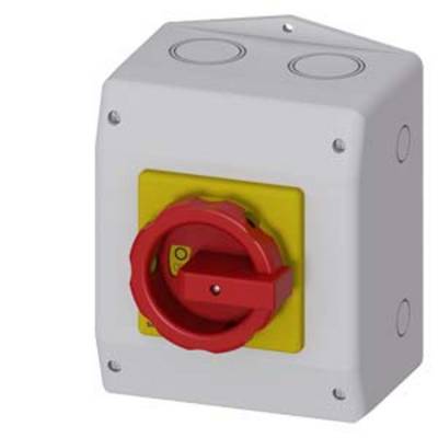 A red, rotary emergency stop switch on a grey background. The switch is located on a yellow square.