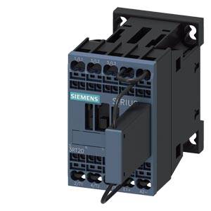 A Siemens electric contactor, Sirius model, in a black housing with blue and grey details and multiple connection terminals.