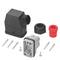 Individual components of a connector set: black housing adapter, grey connector unit, red cap, and several screws.