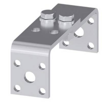 Metal angle bracket with multiple drill holes and two screws on the top surface. Used for fastening in technical applications.