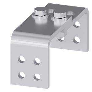 Metal angle bracket with four drill holes and two fixing screws, used for connecting components at a right angle.