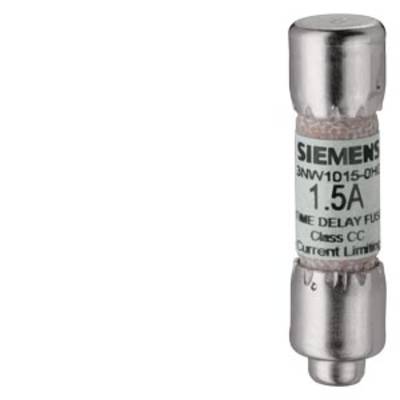 A cylindrical fuse by Siemens, labelled '3NW1015-0HK00 1.5A', used as overcurrent protection in electrical devices.