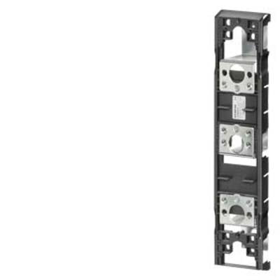 A black, vertical technical component with several silver metal components distributed along its length.