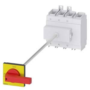 A red main switch with a yellow base and long lever, used for disconnecting the power supply, shown against a white background.