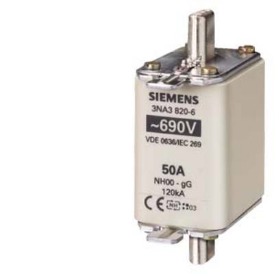 A Siemens fuse insert with the inscription: '3NA3 820-6, 690V, VDE 0636/IEC 269, 50-63A, NH00, 100kA.'