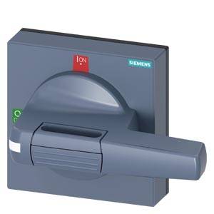 A grey Siemens switch with a lever in the 'ON' position, pointing upwards. Marked in red with 'ON' at the top, and in green with 'OFF' on the left.