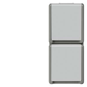 A double light switch with two square buttons, one at the top and one at the bottom, in a grey frame.