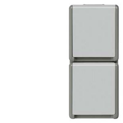 A double light switch with two square buttons, one at the top and one at the bottom, in a grey frame.