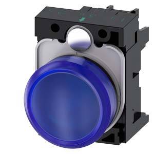 A blue, round push button in a black plastic housing. Suitable for electronic controls and machinery.
