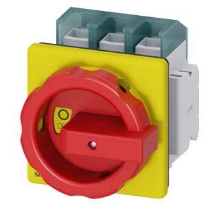 A red main switch on a yellow background. The switch is in the off position. Three connections are visible in the background.
