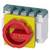 A red rotary switch with a yellow base, used for controlling electrical circuits, with multiple terminal connections on top.