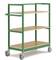 A green wooden trolley with four shelves, mounted on castors for easy movement. Ideal for storing or transporting items.