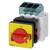 Siemens rotary switch in the 'ON' position, red and yellow design, insulated housing, for electronic controls and safety.